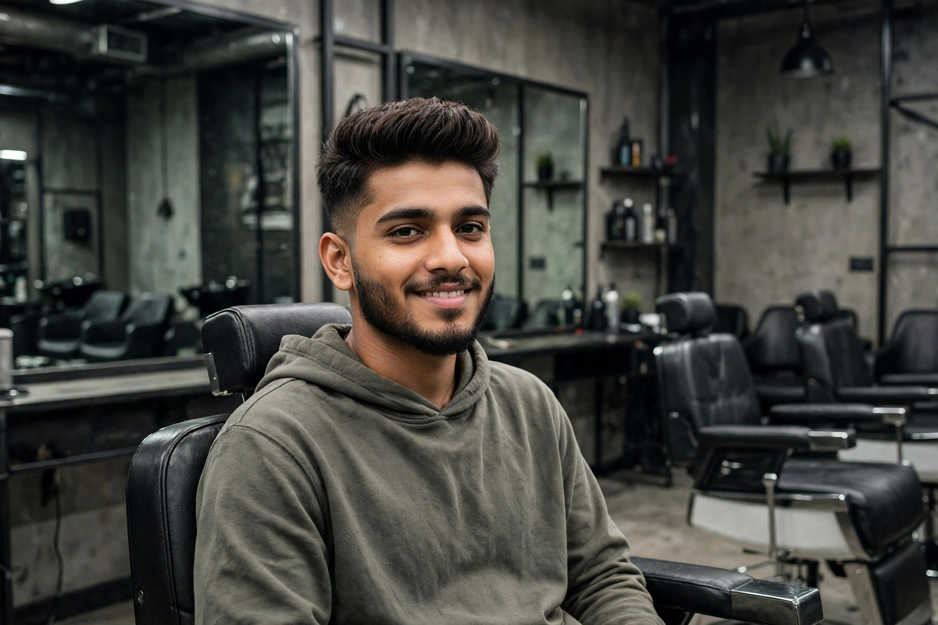 Same man with a bold, sharp styled haircut, looking confident